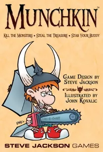 Munchkin: Deluxe Edition* A cartoon man in a horned helmet wields a sledgehammer and a chainsaw on a tan background under the game title "Munchkin"