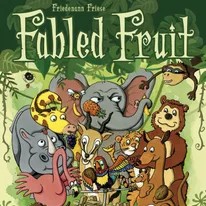 Fabled Fruit Cartoon animals including an elephant, giraffe, rhino, bear, and others are gathered under a jungle canopy with the game title Fabled Fruit
