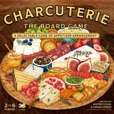 Charcuterie: The Board Game A drawing of a charcuterie board with several meats, cheeses, figs, and crackers with the game title Charcuterie: The Board Game over it.