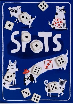 Spots* White dogs with dice on them on a blue background with the game title "Spots" in white.