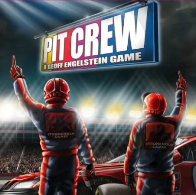Pit Crew Two racecar drivers in driving suits and helmets hold up a finger to indicate #1 in front of a red car under the game title "Pit Crew."