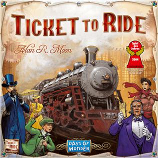 Ticket to Ride* A steam engine stands surrounded by people in 19th century dress under the game title "Ticket to Ride"