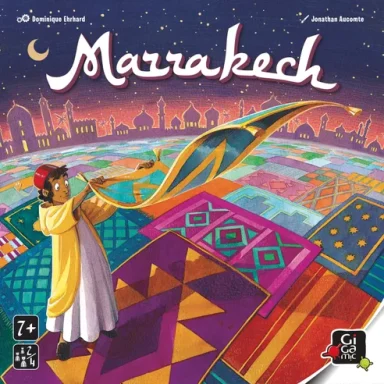 Marrakech* A man in yellow and white robes wearing a red fez shakes a teal rug while standing on multicolored rugs in front of the city skyline
