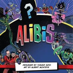 Alibis* Images of supervillains surround a central human silhouette with the game title Alibis.