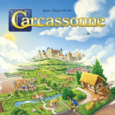 Carcassonne* A drawing of a medieval village on a hill with a castle in the background underneath a sunny sky with the game title Carcassonne.