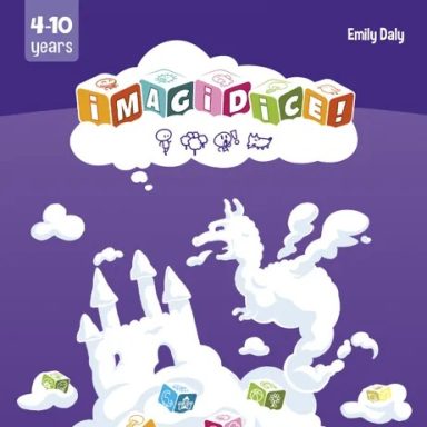 Imagidice! A dragon breathes fire at a castle, both made of cloud. The game title "Imagidice!" floats in a cloud above on a blue background