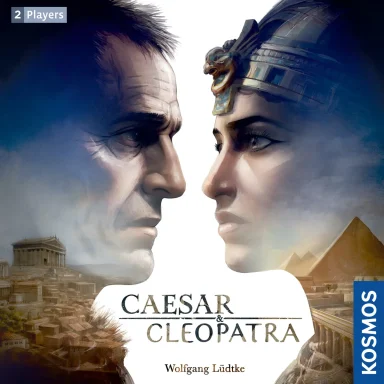 Caesar & Cleopatra A man and a woman in an ancient Egyptian headdress face each other. Scenes of Rome and Egypt are on their necks.