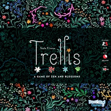Trellis Bright flowers and vines on a black background behind a black band with the game title "Trellis" in white with four flowers below