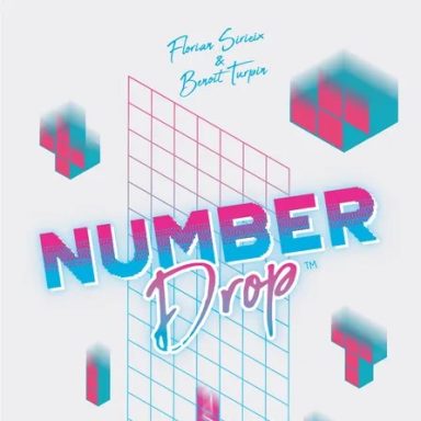 Number Drop Pink and blue Tetris-style geometric shapes fall around a pink and blue grid with the game title "Number Drop" across the grid.
