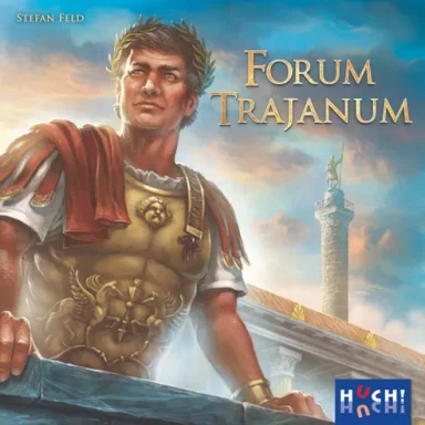Forum Trajanum A Roman soldier in gold armor with a red cloak and laurel wreath stands at a railing in front of a tower below the game title Forum Trajanum