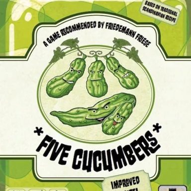 Five Cucumbers Three cucumbers with faces hang on a vine with two more laying beneath them above the game title "Five Cucumbers"