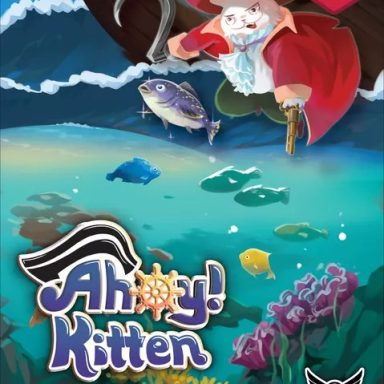 Ahoy! Kitten A white cat in a pirate outfit uses his hook hand to chase a fish with the game title Ahoy! Kitten.