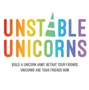 Unstable Unicorns The game title "Unstable Unicorns" in rainbow colors on a white background with a greenish unicorn horn as the A