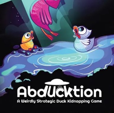 Abducktion A pink duck is beamed into a flying saucer as a yellow duck and white duck look on in shock above the game title Abducktion.