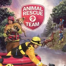 Animal Rescue Team Rescuers in rain suits rescue a dog and a horse near a lake. There is a red boat in the foreground and the game title Animal Rescue Team.