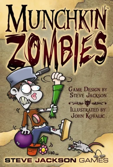 Munchkin Zombies A cartoon zombie wearing a pan on his head wields an arm on a tan and gray background under the game title "Munchkin Zombies"