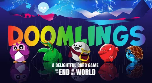 Doomlings Several roundish cartoon characters under the game title "Doomlings" in front of mountains and sky