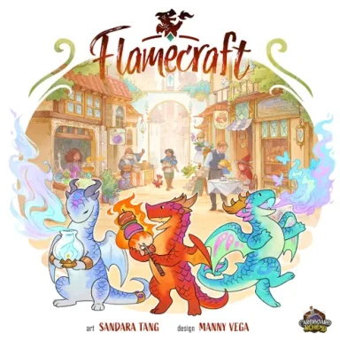 Flamecraft Blue, red, and teal dragons pose in front of a fantasy street with the game title "Flamecraft" above