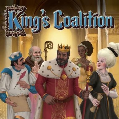 King's Coalition A king in red with a gold crown is surrounded by well dressed advisers and courtiers under the game title "King's Coalition"