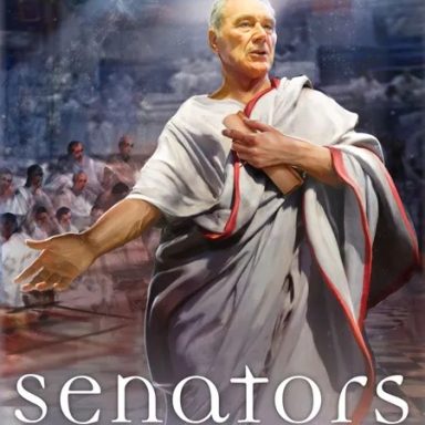 Senators A man in a Roman toga addresses a crowd of other toga-clad people above the game title "Senators."
