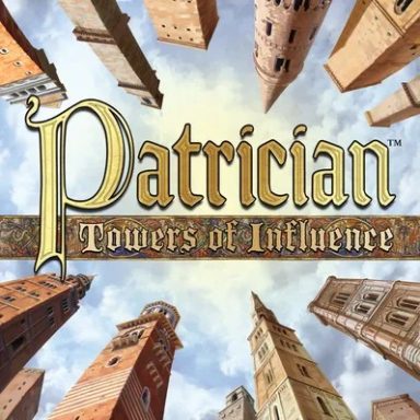 Patrician: Towers of Influence Several masonry towers reach towards the sky from the top and bottom of the game box with the game title "Patrician" in the center.