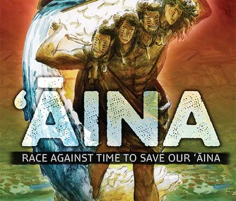 'Aina A four-headed man in Pacific Island dress holds a flood of water behind the game title 'Aina.