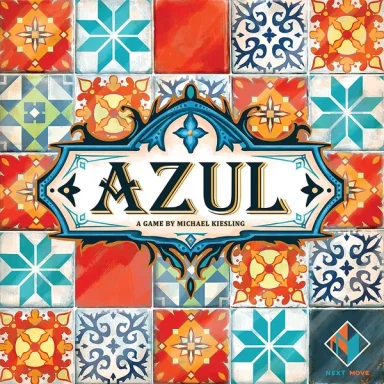 Azul* The game title Azul lsits on a plaque atop colorful tiles.
