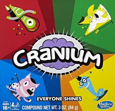 Cranium A four cartoon creatures occupy red, green, yellow, and blue quadrants around a brain and the game title Cranium.