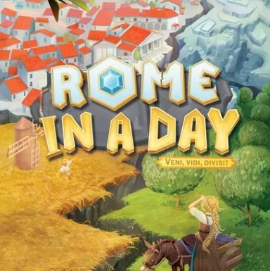 Rome in a Day Four quadrants (white houses, a snowy cliff, a meadow with trees, and a golden field with a windmill) behind the game title "Rome in a Day."