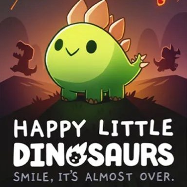 Happy Little Dinosaurs An oblivious green cartoon dinosaur stands in the foreground while dinosaurs panic and meteors fall in the background above the title