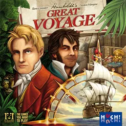 Humboldt's Great Voyage Two men in old-style dress stand among tropical foliage behind a sailing ship and under the game title "Humboldt's Great Voyage"