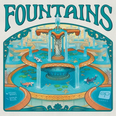 Fountains* Water spills down a three-level fountain and flows into pools at the sides under the game title "Fountains"