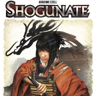 Shogunate A female shogun in red draws a sword below a brushstroke drawing of a dragon in black and the game title "Shogunate."