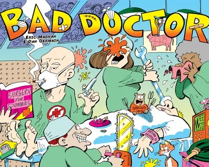 Bad Doctor A cartoon scene of operating room mayhem involving four doctors and tools under the game title Bad Doctor.