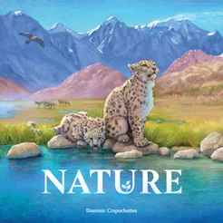 Nature A cheetah sits by a pool as another drinks in front of plains with mountains in the background. The game title "Nature" is in the pool.
