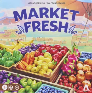 Market Fresh Piles of fresh produce in crates sit under an umbrella with a farmers market in the background under the game title "Market Fresh"