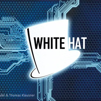 White Hat A white top hat atop a network of blue circuits on a darker blue background with the game title "White Hat"