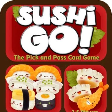 Sushi Go!* A red and black tin with anthropomorphic sushi pieces and dumplings under the game title "Sushi Go!"