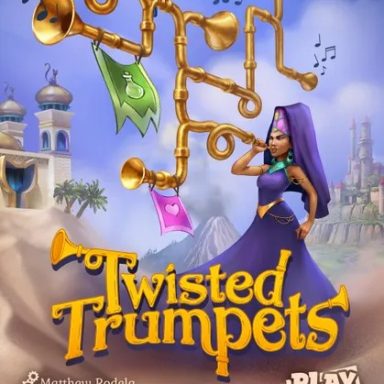 Twisted Trumpets Woman in a purple dress and veil plays a trumpet with multiple branches, bells, and flags in a desert with the game title "Twisted Trumpets"