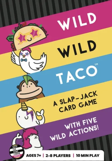 Wild Wild Taco The words "Wild Wild Taco" are stacked in pink, yellow, and blue stripes with cartoon figures by each word.