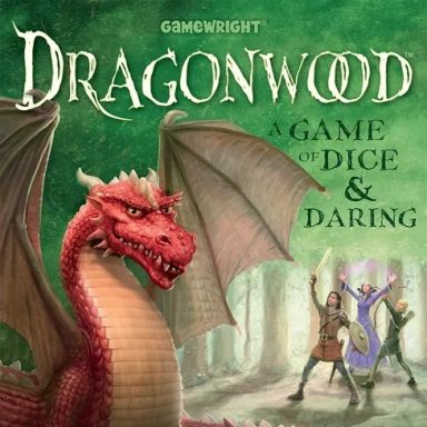 Dragonwood Three adventurers confront a red dragon with tan wings. The game title "Dragonwood" is in the tree canopy above.