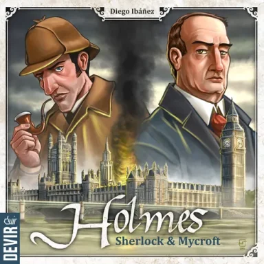 Homes: Sherlock & Mycroft Sherlock Holmes and his brother. Mycroft, loom above a burning parliament building above the title "Holmes"