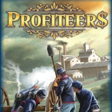 Profiteers Union soldiers man a cannon as they aim towards a city as waves crash nearby with the game title "Profiteers" above.