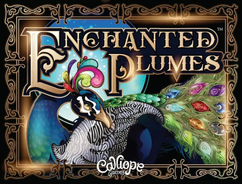 Enchanted Plumes* A peacock with a multicolored tail is surrounded by a gold filigree frame with the game title "Enchanted Plumes" in gold