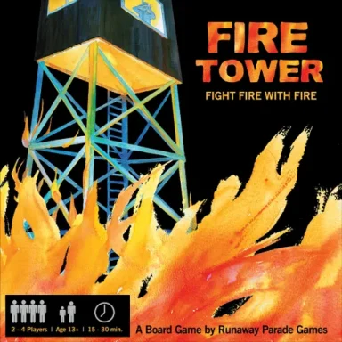 Fire Tower* A fire tower stands among a huge painted blaze with the game title "Fire Tower" beside it in fiery letters.