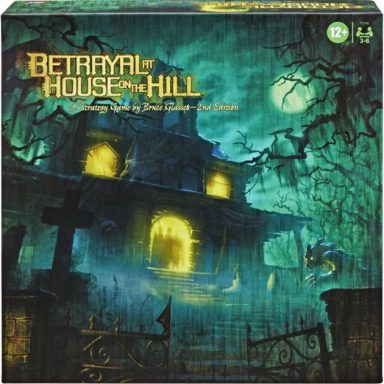 Betrayal at House on the Hill: Second Edition* A creepy house with yellow glowing windows and a door against a greenish sky with a full moon.