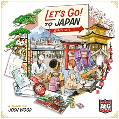 Let's Go! To Japan* A drawing of two travelers encountering a sushi chef, geisha, pagoda, Mt. Fuji, and more with the game title "Let's Go! To Japan"