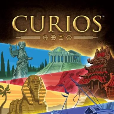 Curios A Grecian-style statue and building on a blue background, a pagoda on red, and a sphinx on yellow with the game title Curios above.
