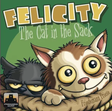Felicity: The Cat in the Sack Two cartoon cats, a grumpy black one and goofy calico, are in a sack on a green background with the game title Felicity: The Cat in the Sack