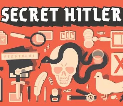 Secret Hitler Various nefarious looking icons, like a snake on a skull and a dagger stabbing a playing card, on a red background under the game title.